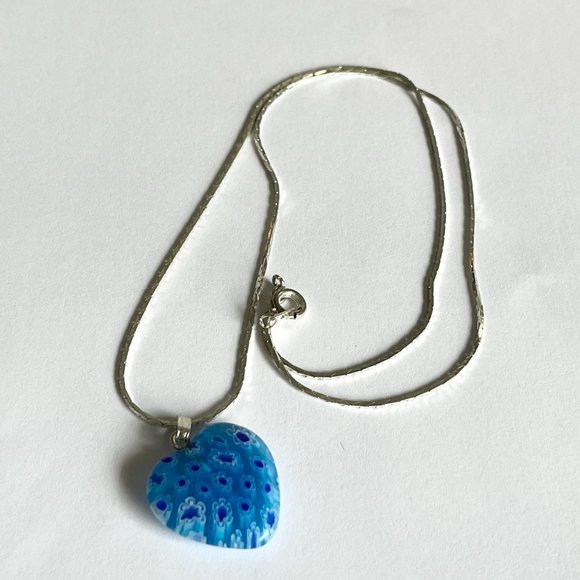 Aqua Blue Murano Art Glass Heart Necklace 18" Millefiori Flowers Silver Plated - Picture 4 of 9